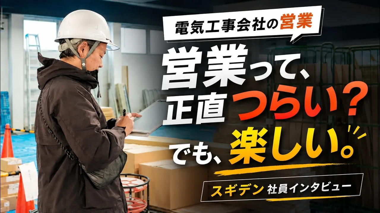 営業社員インタビュー動画のサムネイル：電気工事会社の営業 営業って正直つらい？でも、楽しい。 スギデン社員インタビュー